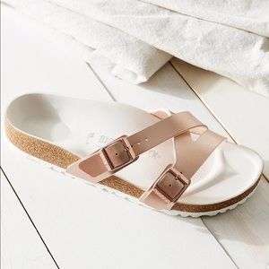 Women's Birkenstock Yao Hex Metallic Rose Gold Slide Sandals Size 39